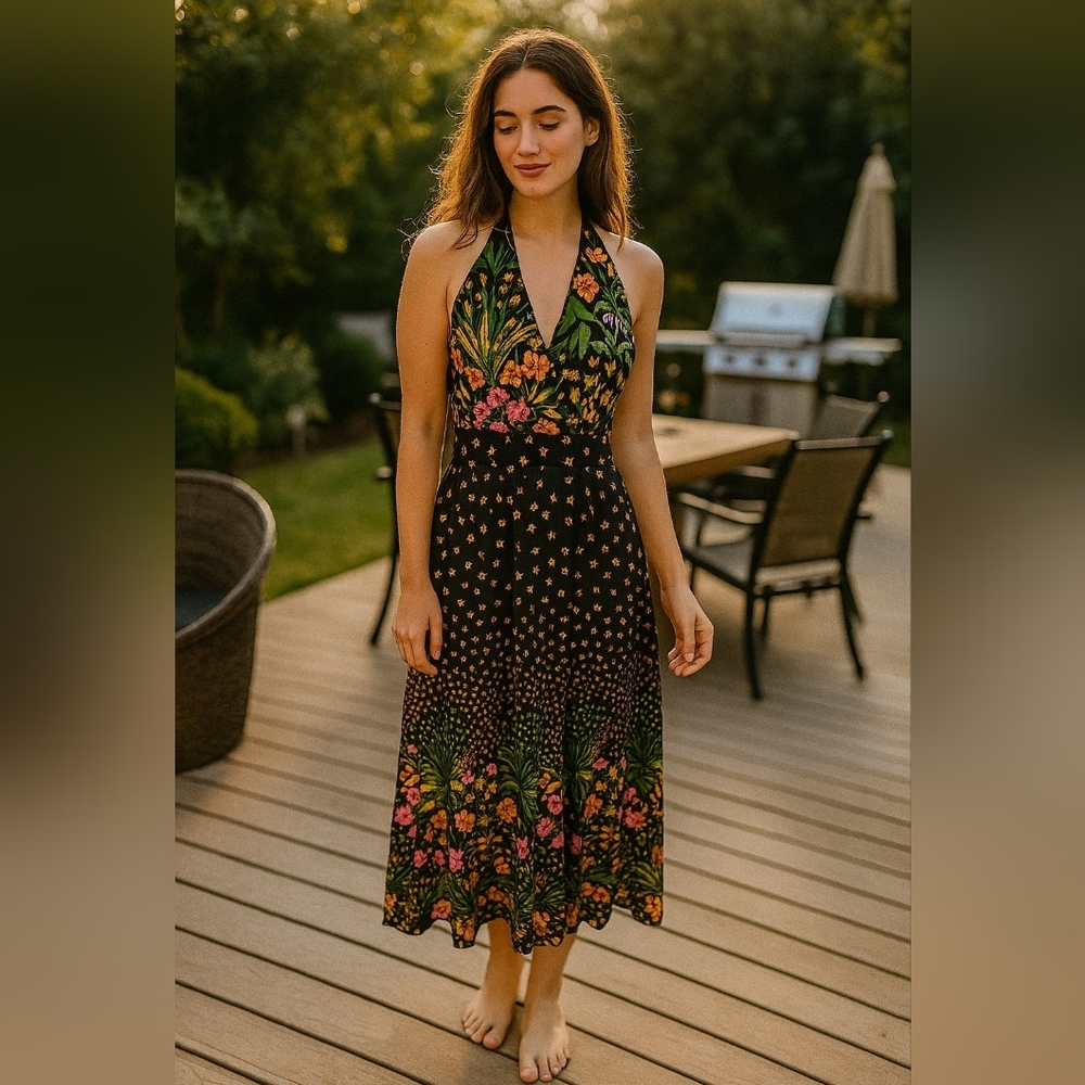 Miss Bierner Vtg70s Black Cotton Halter Maxi Dress with Floral and Leaf Print Sm